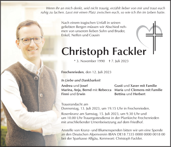 Traueranzeige von Christoph Fackler von Memminger Zeitung