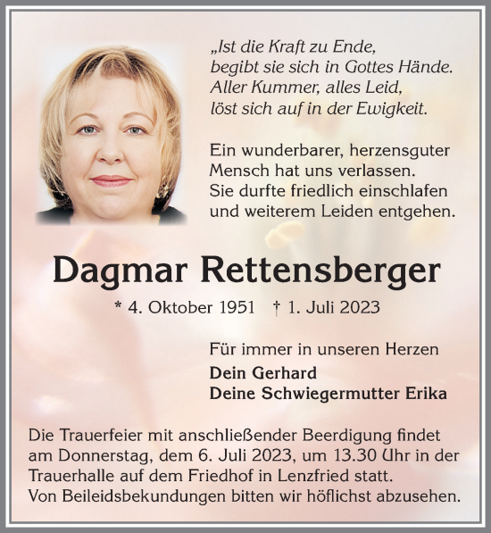 Traueranzeige von Dagmar Rettensberger von Allgäuer Zeitung,Kempten
