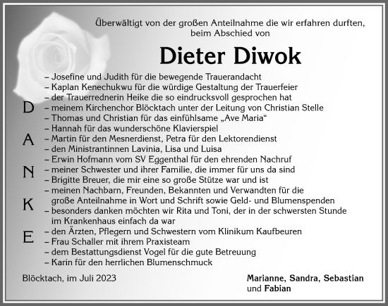 Traueranzeige von Dieter Diwok von Allgäuer Zeitung, Kaufbeuren/Buchloe