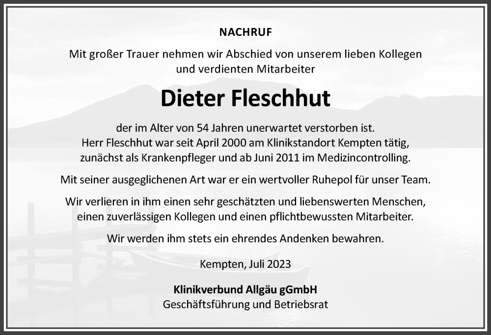  Traueranzeige für Dieter Fleschhut vom 28.07.2023 aus Allgäuer Zeitung,Kempten