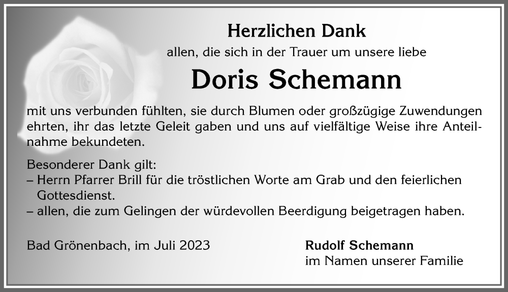  Traueranzeige für Doris Schemann vom 22.07.2023 aus Memminger Zeitung