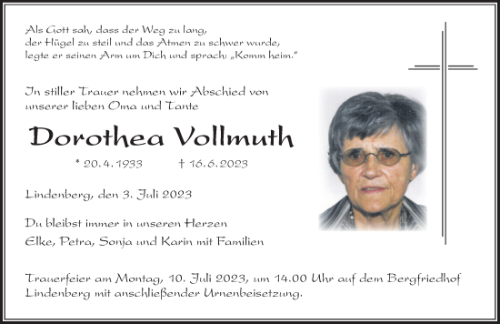 Traueranzeige von Dorothea Vollmuth von Der Westallgäuer