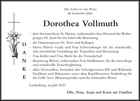 Traueranzeige von Dorothea Vollmuth von Der Westallgäuer
