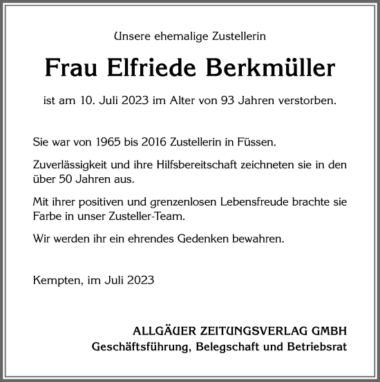 Traueranzeige von Elfriede Berkmüller von Allgäuer Zeitung, Füssen