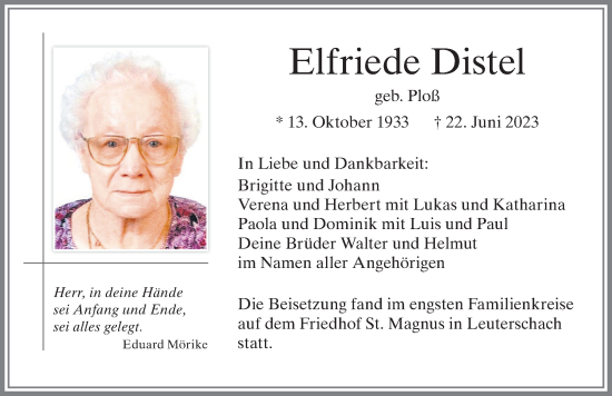 Traueranzeige von Elfriede Distel von Allgäuer Zeitung, Kaufbeuren/Buchloe