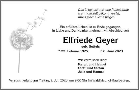 Traueranzeige von Elfriede Geyer von Allgäuer Zeitung, Kaufbeuren/Buchloe