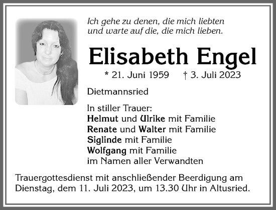 Traueranzeige von Elisabeth Engel von Allgäuer Zeitung,Kempten