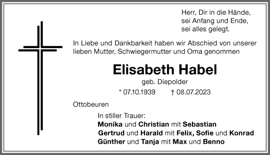 Traueranzeige von Elisabeth Habel von Memminger Zeitung