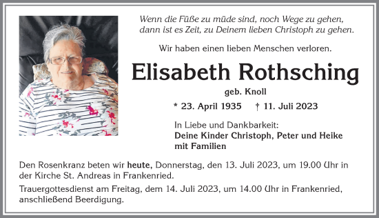 Traueranzeige von Elisabeth Rothsching von Allgäuer Zeitung, Kaufbeuren/Buchloe