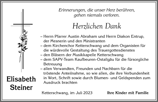 Traueranzeige von Elisabeth Steiner von Allgäuer Zeitung, Kaufbeuren/Buchloe