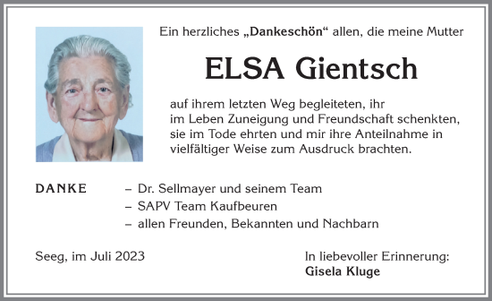 Traueranzeige von Elsa Gientsch von Allgäuer Zeitung, Füssen