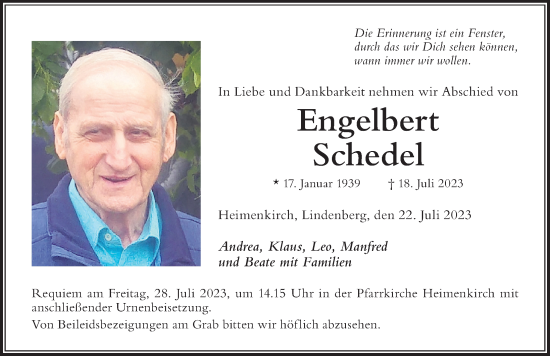 Traueranzeige von Engelbert Schedel von Der Westallgäuer