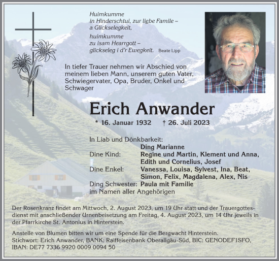 Traueranzeige von Erich Anwander von Allgäuer Anzeigeblatt