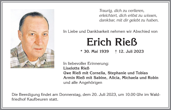 Traueranzeige von Erich Rieß von Allgäuer Zeitung, Kaufbeuren/Buchloe