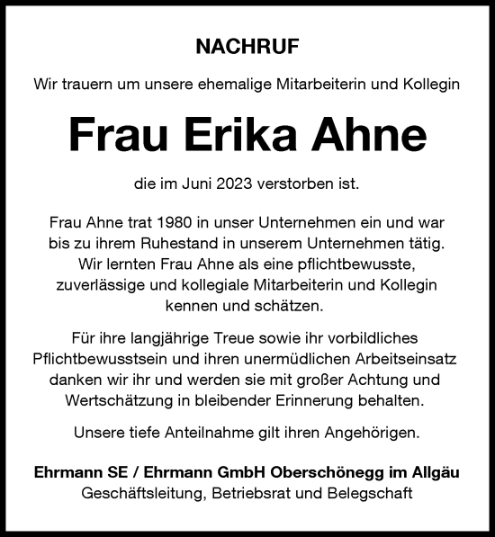 Traueranzeige von Erika Ahne von Augsburger Allgemeine, Illertisser Zeitung