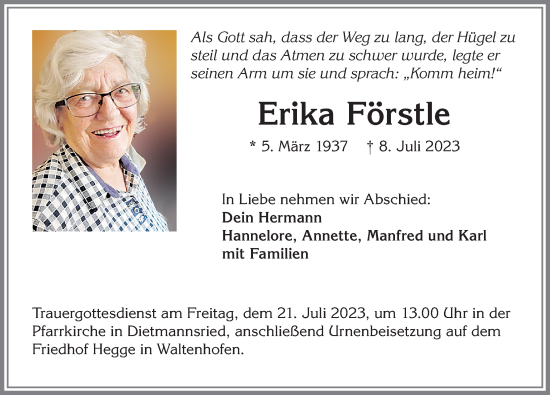 Traueranzeige von Erika Förstle von Allgäuer Zeitung,Kempten