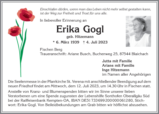 Traueranzeige von Erika Gogl von Allgäuer Anzeigeblatt