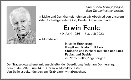 Traueranzeige von Erwin Fenle von Allgäuer Zeitung,Kempten