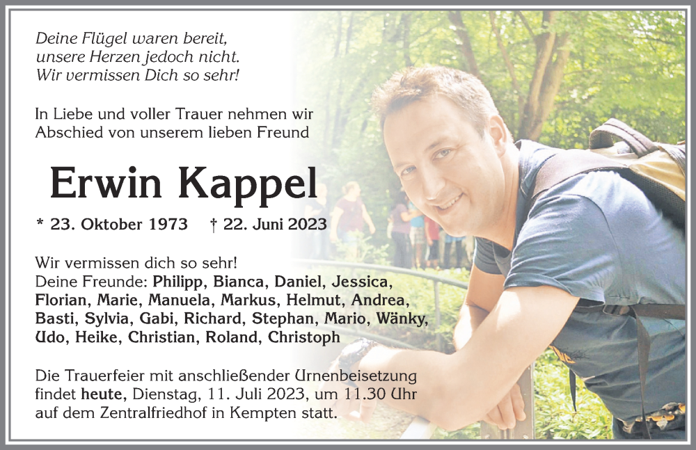  Traueranzeige für Erwin Kappel vom 11.07.2023 aus Allgäuer Zeitung,Kempten