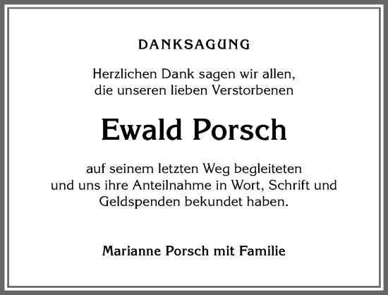 Traueranzeige von Ewald Porsch von Allgäuer Anzeigeblatt