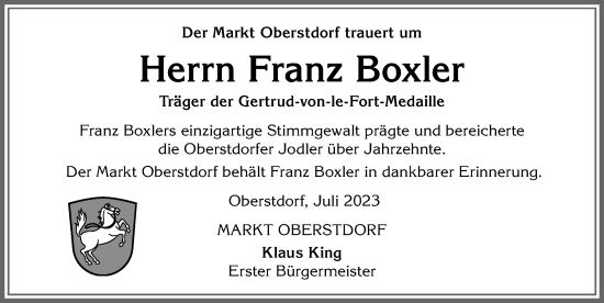 Traueranzeige von Franz Boxler von Allgäuer Anzeigeblatt