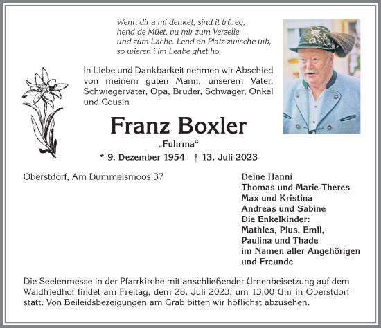 Traueranzeige von Franz Boxler von Allgäuer Anzeigeblatt