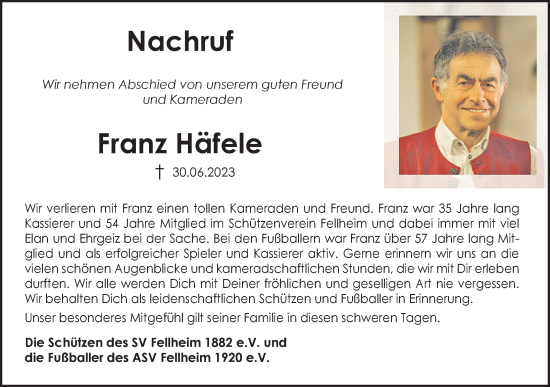 Traueranzeige von Franz Häfele von Memminger Zeitung