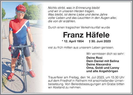 Traueranzeige von Franz Häfele von Memminger Zeitung