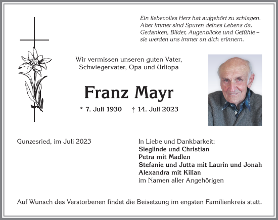 Traueranzeige von Franz Mayr von Allgäuer Anzeigeblatt