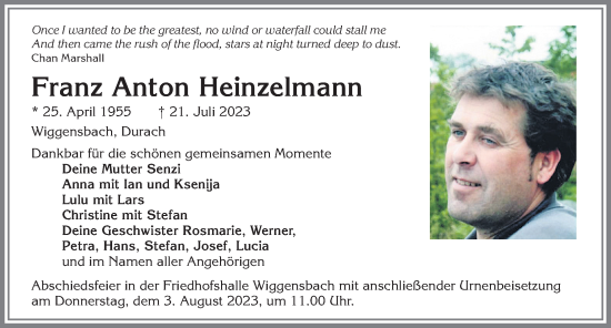 Traueranzeige von Franz Anton Heinzelmann von Allgäuer Zeitung,Kempten