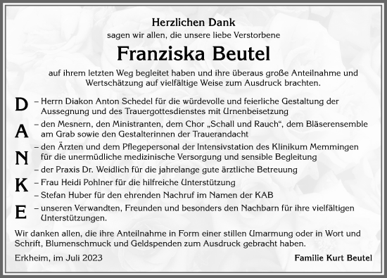 Traueranzeige von Franziska Beutel von Memminger Zeitung