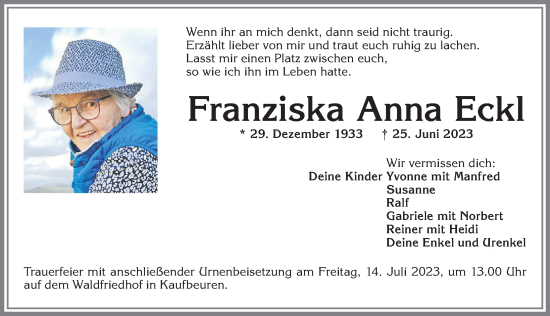 Traueranzeige von Franziska Anna Eckl von Allgäuer Zeitung, Kaufbeuren/Buchloe