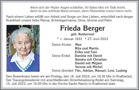 Traueranzeige von Frieda Berger von Allgäuer Zeitung, Marktoberdorf