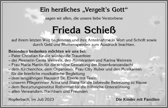 Traueranzeige von Frieda Schieß von Allgäuer Zeitung, Marktoberdorf
