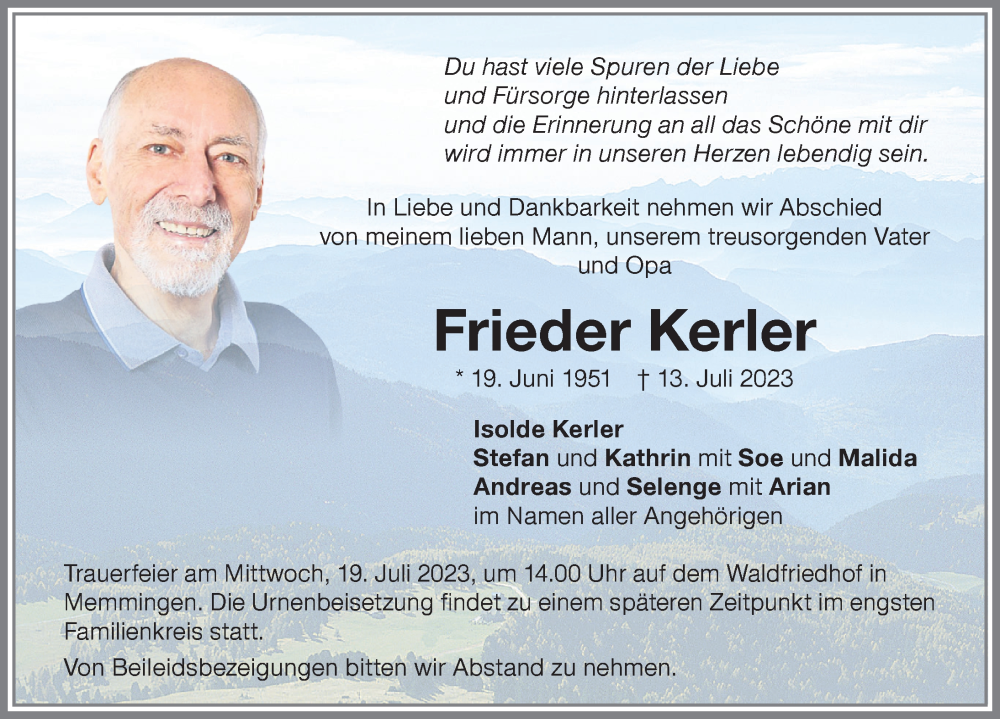  Traueranzeige für Frieder Kerler vom 15.07.2023 aus Memminger Zeitung