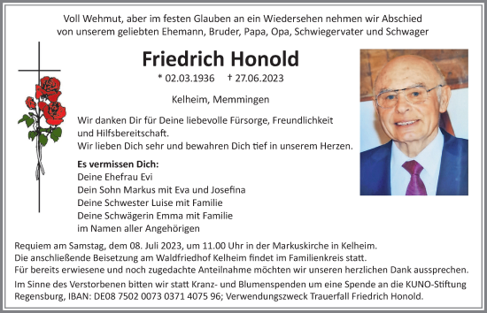 Traueranzeige von Friedrich Honold von Memminger Zeitung