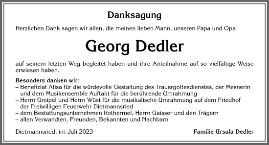 Traueranzeige von Georg Dedler von Allgäuer Zeitung,Kempten