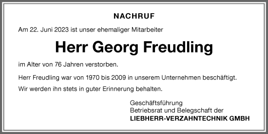 Traueranzeige von Georg Freudling von Allgäuer Zeitung,Kempten