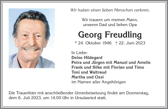 Traueranzeige von Georg Freudling von Allgäuer Zeitung,Kempten