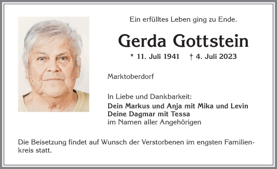 Traueranzeige von Gerda Gottstein von Allgäuer Zeitung, Marktoberdorf