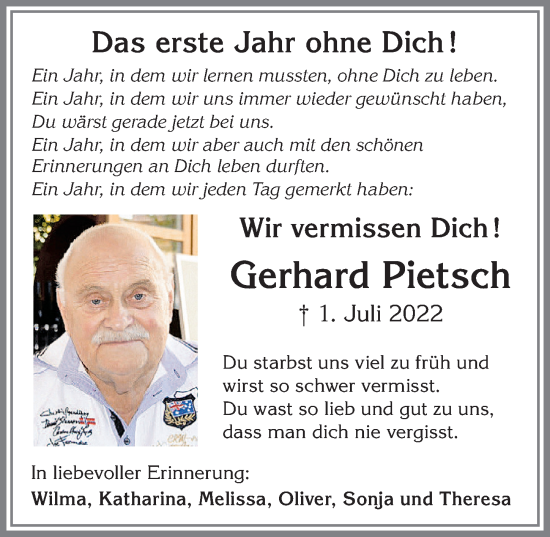 Traueranzeige von Gerhard Pietsch von Memminger Zeitung