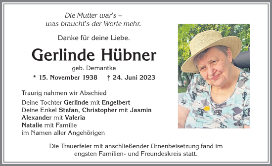 Traueranzeige von Gerlinde Hübner von Allgäuer Zeitung, Kaufbeuren/Buchloe