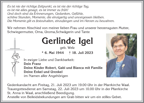 Traueranzeige von Gerlinde Igel von Allgäuer Zeitung, Kaufbeuren/Buchloe