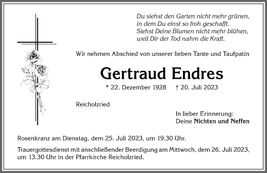 Traueranzeige von Gertraud Endres von Allgäuer Zeitung,Kempten
