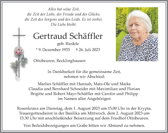 Traueranzeige von Gertraud Schäffler von Memminger Zeitung