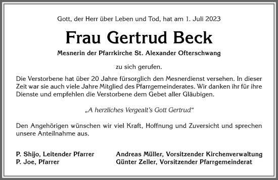 Traueranzeige von Gertrud Beck von Allgäuer Anzeigeblatt