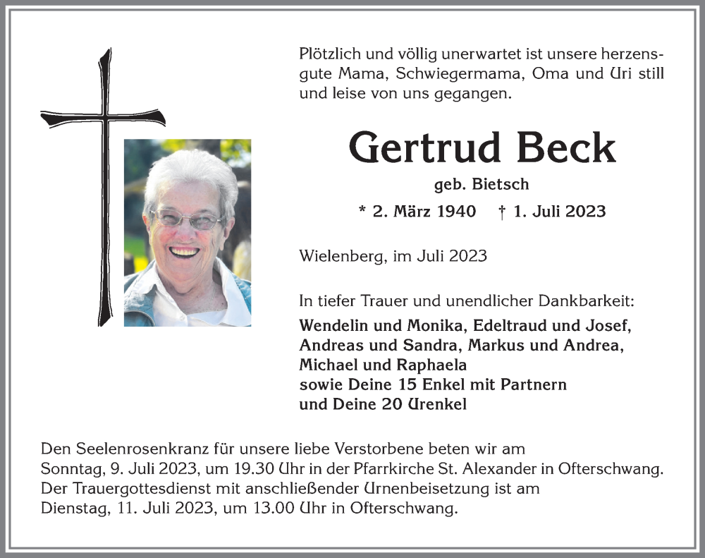  Traueranzeige für Gertrud Beck vom 07.07.2023 aus Allgäuer Anzeigeblatt