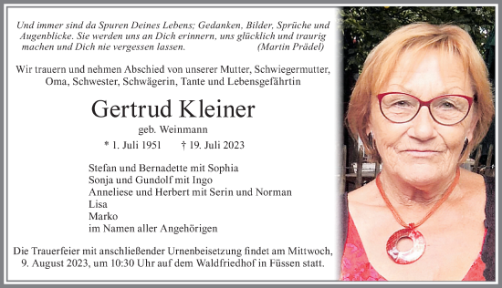 Traueranzeige von Gertrud Kleiner von Allgäuer Zeitung, Füssen