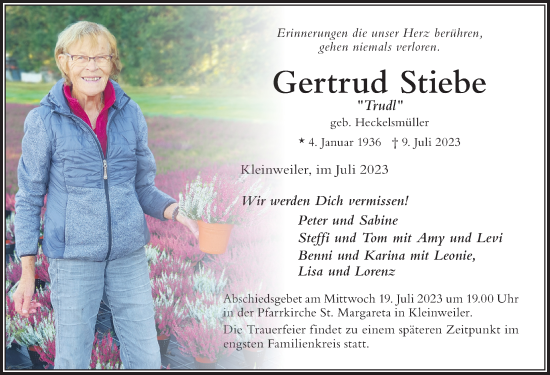 Traueranzeige von Gertrud Stiebe von Allgäuer Zeitung,Kempten