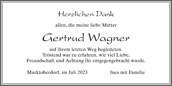 Traueranzeige von Gertrud Wagner von Allgäuer Zeitung, Marktoberdorf